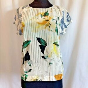 Anthropologie Maeve Floral Striped Silk Top - size 2 Extra Small